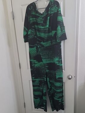 Ashley Stewart Black and Green Patterned Jumpsuit